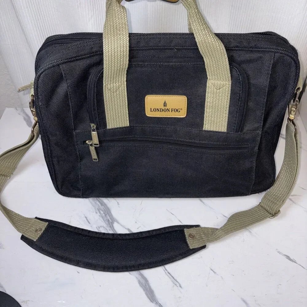 London Fog Black Laptop Briefcase Messenger Bag Expandable Travel